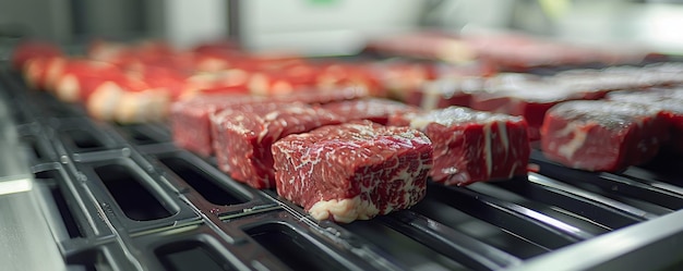 Un primer plano de alta resolución de filetes de carne de res marmellados crudos en una parrilla