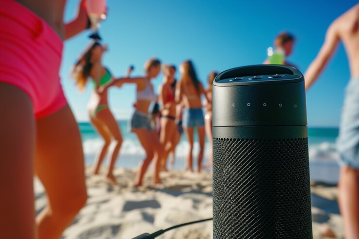 Primer plano de un altavoz bluetooth negro con adolescentes bailando en una fiesta en la playa