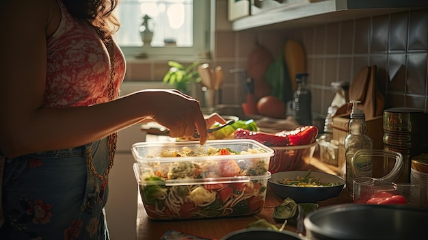 Un primer plano de una ama de casa haciendo la misma caja de bento en el mostrador de la cocina