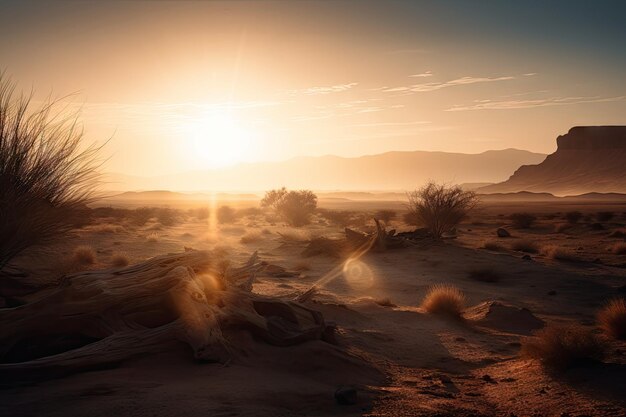 Primer plano del amanecer en un paisaje desértico con rayos de sol esparcidos por el cielo