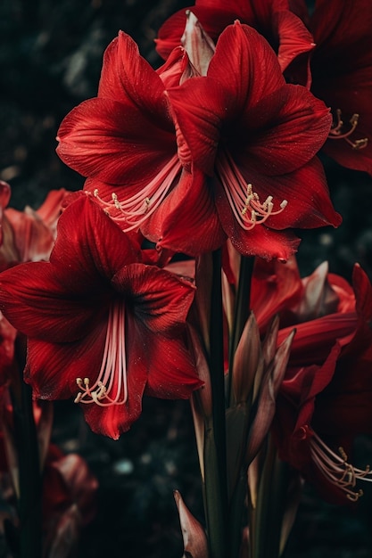 Primer plano de una amarilis roja Flores de amarilis en un jarrón de vidrio Concepto de tienda de flores Pared Generativa AI