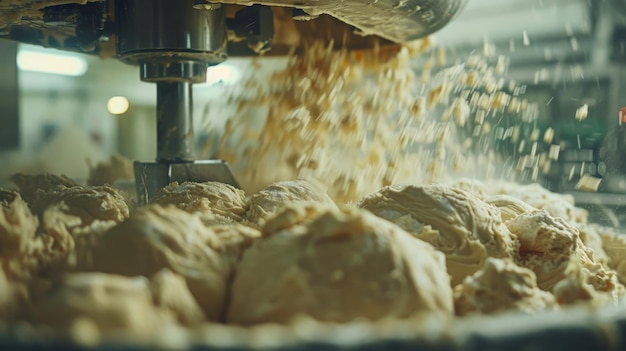 Primer plano de la amasada de la masa elástica para el pan en una máquina de amasado en una panadería Mezclador industrial para