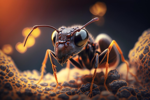 Primer plano ampliado de una hormiga examinando las complejidades de la naturaleza