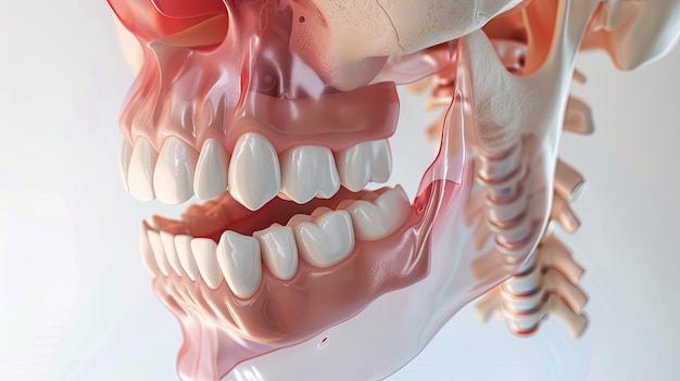 Foto primer plano de la anatomía de la mandíbula humana destacando los dientes y los músculos