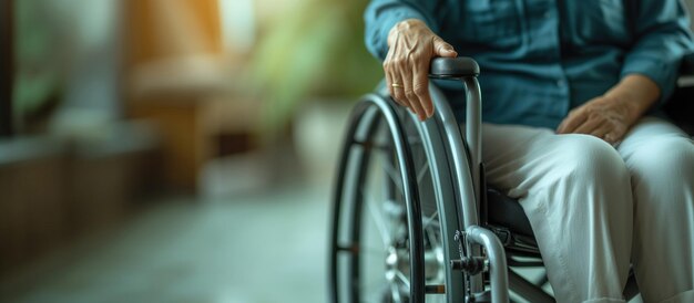 Un primer plano de una anciana sentada en una silla de ruedas