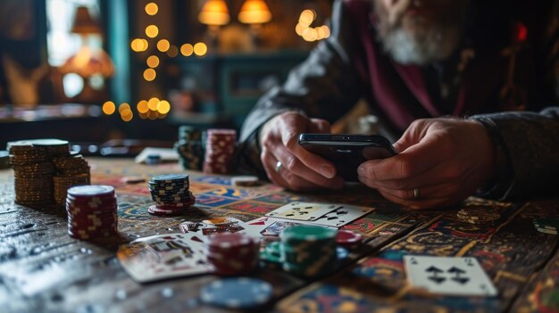 Foto primer plano de un anciano jugando al póquer en su casino telefónico en línea