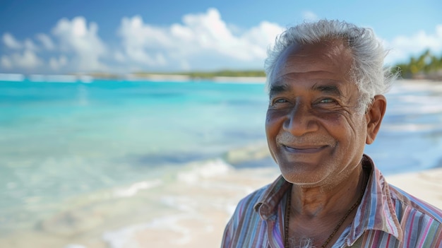 primer plano de un anciano sonriente hombre indio caminando por la playa