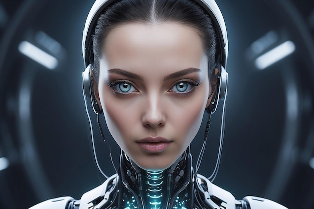 Primer plano de un androide femenino futurista en un retrato detallado que insinúa la próxima singularidad de IA y una fuerte inteligencia artificial