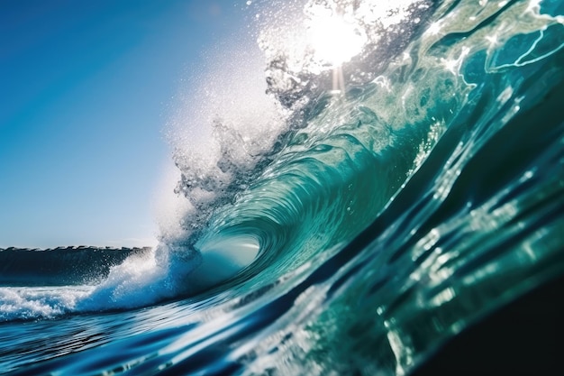 Foto primer plano de ángulo bajo y tomas soleadas de una ola de mar