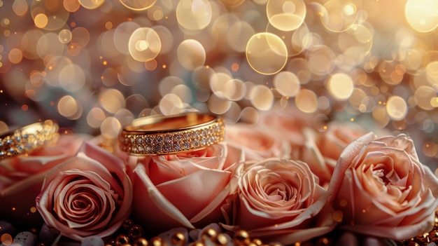 Un primer plano del anillo de bodas en un ramo de flores