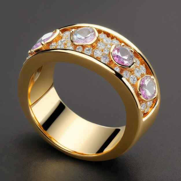 un primer plano de un anillo de oro con piedras rosas y blancas