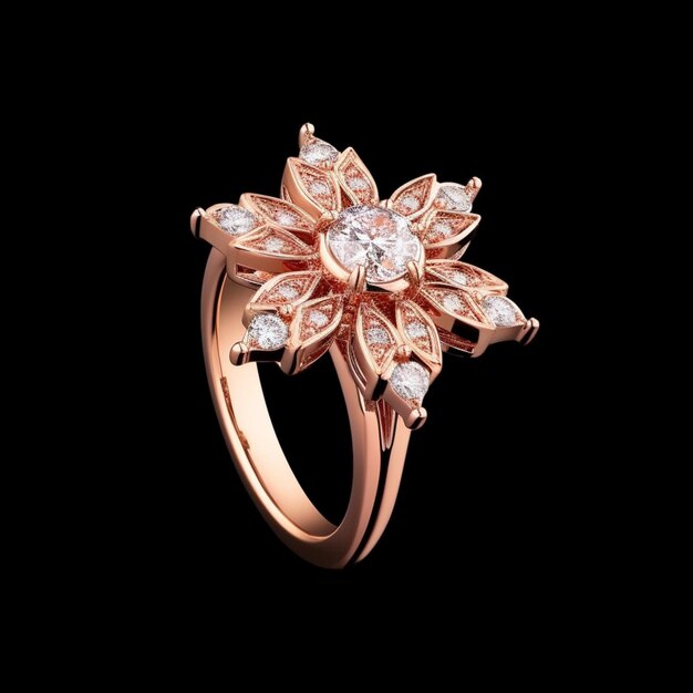 un primer plano de un anillo de oro rosa con una flor de diamante generativa ai