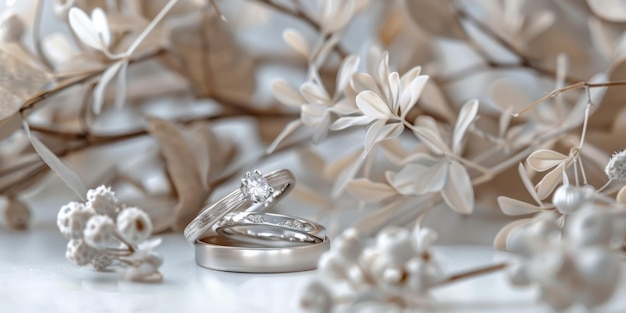 Un primer plano de anillos de boda y pendientes en una mesa en la fotografía macro