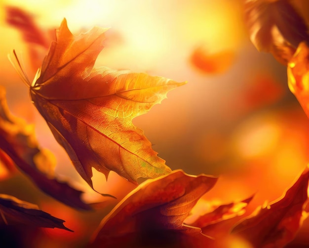 Primer plano animado de la caída de las hojas de otoño con retroiluminación vibrante del sol poniente