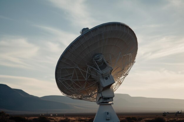 Foto primer plano de una antena parabólica con la tierra en el fondo creado con ai generativo