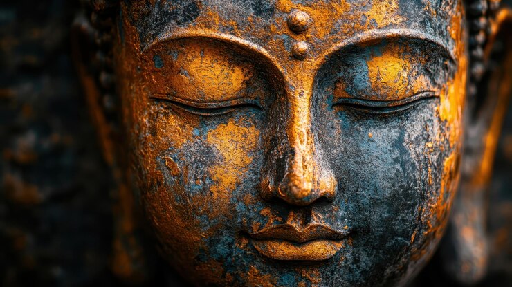 Un primer plano de una antigua escultura de Buda con detalles y texturas intrincadas