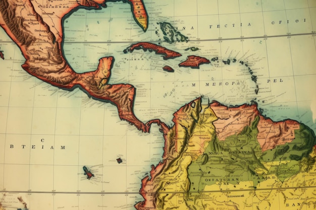 Primer plano de un antiguo mapa de América del Sur con brújula