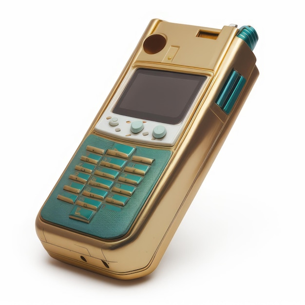 Foto primer plano de un antiguo teléfono móvil dorado y verde sobre un fondo blanco creado con tecnología generativa de ia