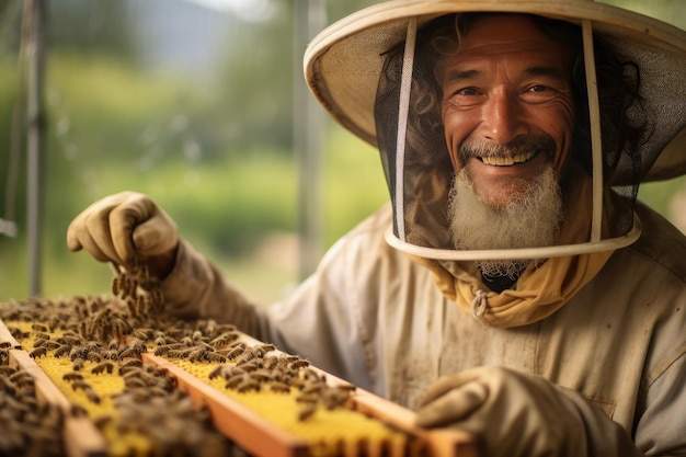 primer plano de un apicultor con traje de apicultor y abejas en la colmena