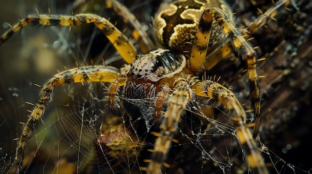 Foto un primer plano de una araña amarilla y marrón con patas largas y colmillos afilados la araña está sentada en una telaraña y está mirando a la cámara