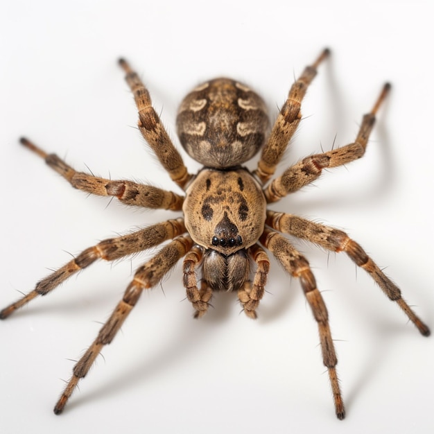 Un primer plano de una araña con una cara marrón sobre una superficie blanca generativa ai