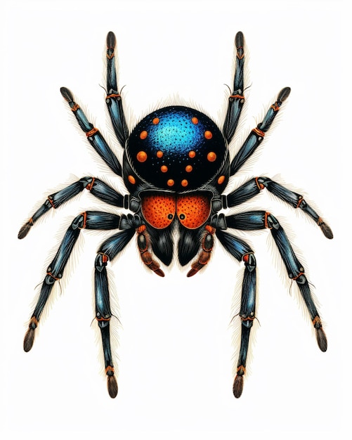 un primer plano de una araña con un cuerpo azul y naranja ai generativo