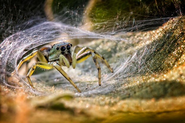 Foto primer plano de una araña en una hoja