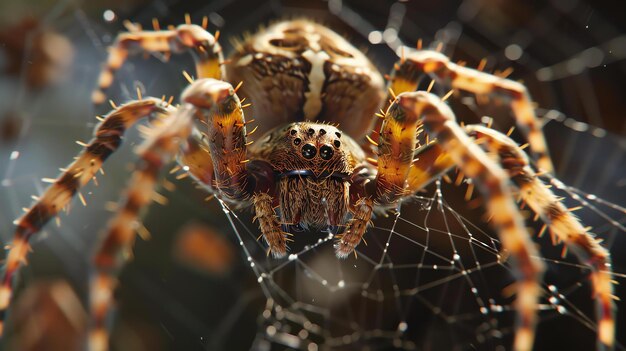 Foto un primer plano de una araña marrón con largas patas en una telaraña la araña tiene ocho ojos y está cubierta de pelo la telaraña está hecha de delgados hilos de seda blanca