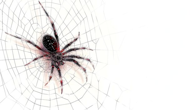 Un primer plano de una araña negra y roja sobre un fondo blanco