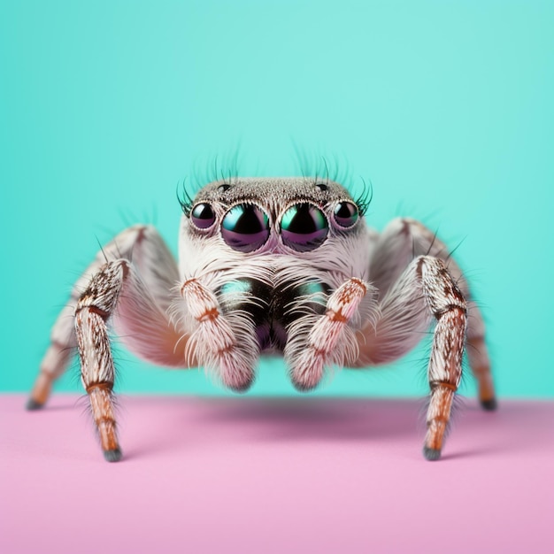 un primer plano de una araña con ojos púrpuras en una superficie rosa generativa ai