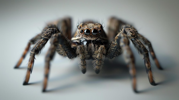 Un primer plano de una araña saltadora La araña tiene pelaje marrón y negro con grandes ojos verdes