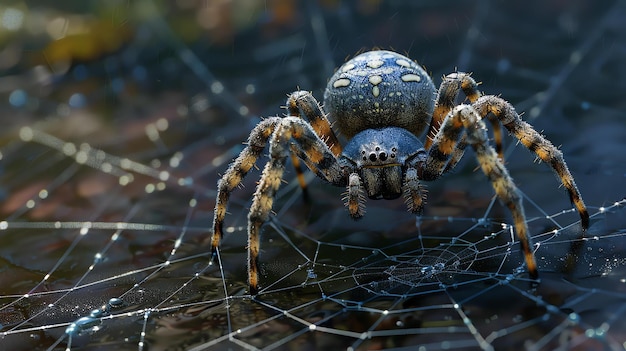 Foto un primer plano de una araña en su telaraña la araña es negra con marcas amarillas y tiene ocho patas la telaraña está cubierta de rocío