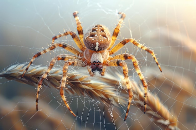 Primer plano de una araña tejiendo su red centrándose en los delicados hilos de seda contra la luz de la mañana AI Generative