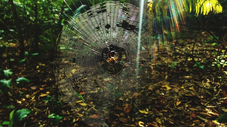 Foto primer plano de la araña y la tela contra los árboles