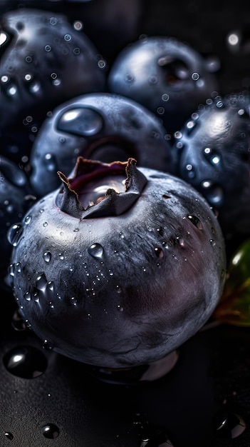 Un primer plano de un arándano con gotas de agua