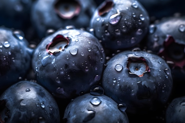 Un primer plano de arándanos con gotas de agua sobre ellos