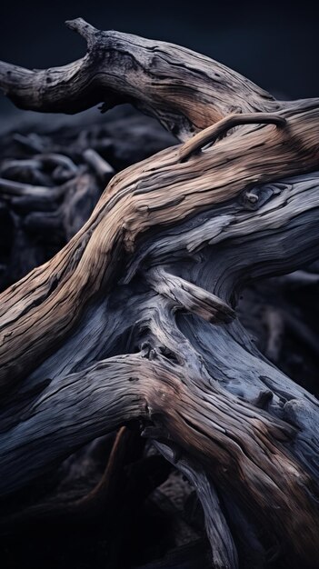 un primer plano de un árbol caído con nubes oscuras en el fondo