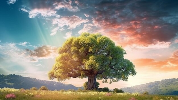 Un primer plano de un árbol en un campo con un fondo de cielo generativo ai