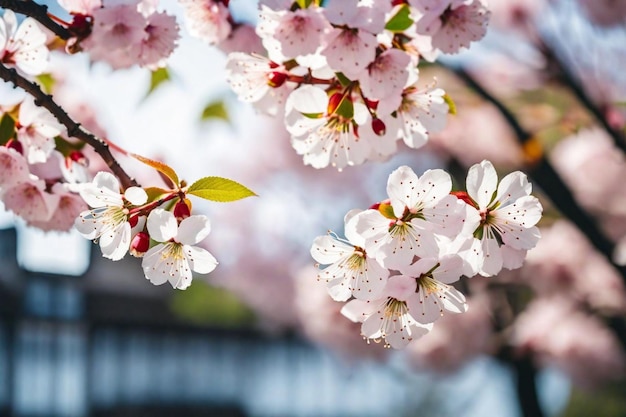 Foto un primer plano de un árbol de cereza en flor con un edificio en el fondo