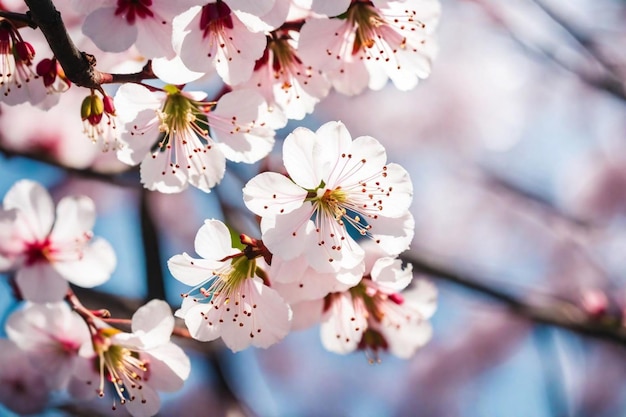 un primer plano de un árbol de cerezas en flor con el sol brillando sobre él