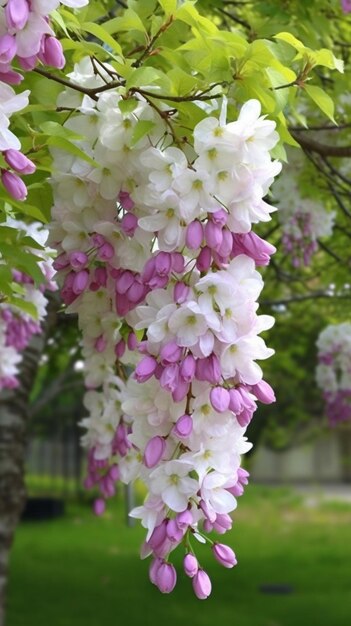 un primer plano de un árbol con flores blancas y rosadas generativa ai