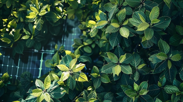 Foto primer plano de un árbol con hojas verdes y un panel solar en el fondo