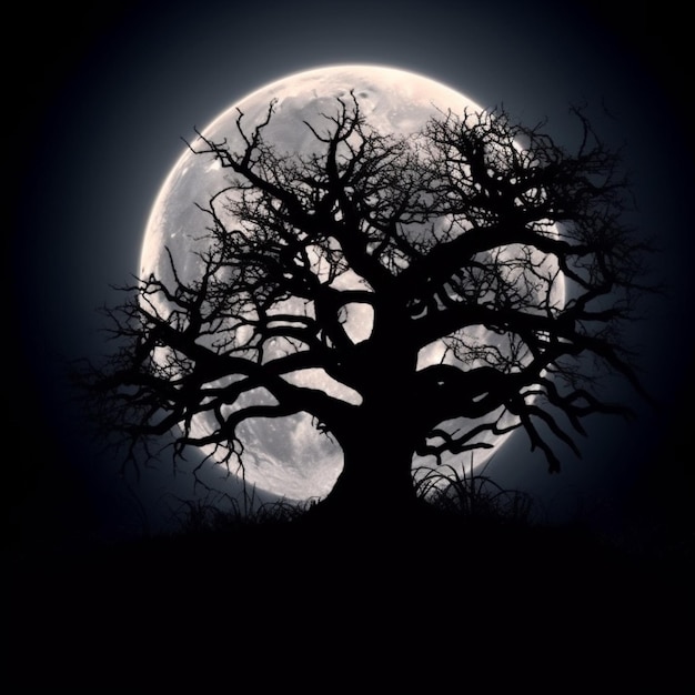 Un primer plano de un árbol con una luna llena en el fondo