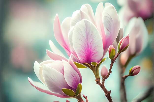 Primer plano de un árbol de magnolia floreciente en primavera sobre fondo pastel bokeh Generativo Ai