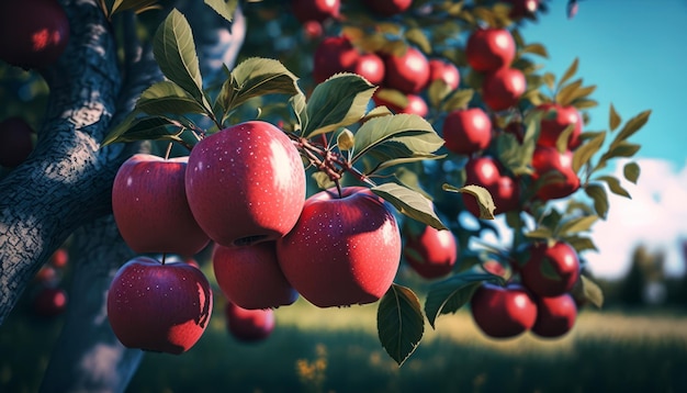 Un primer plano de un árbol con manzanas rojas