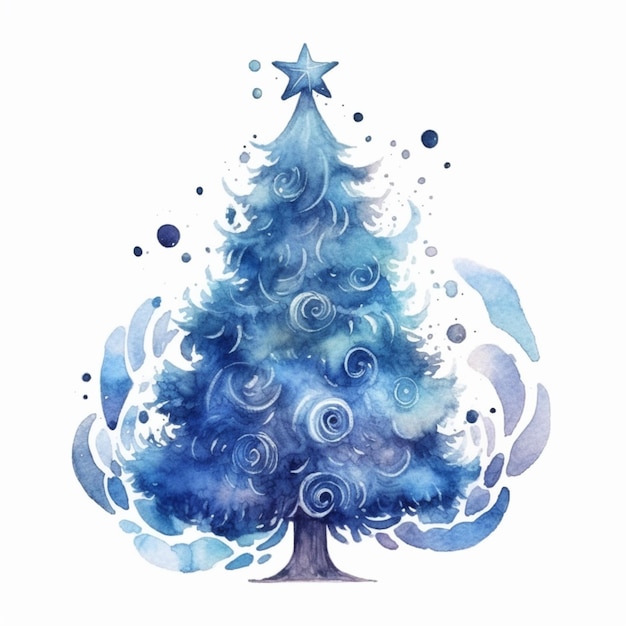 Un primer plano de un árbol de Navidad de acuarela con una estrella en la parte superior