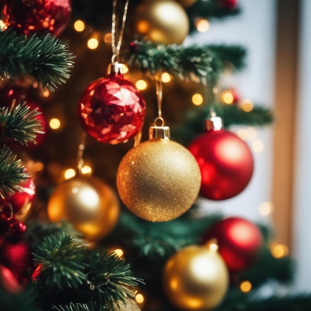 Primer plano de un árbol de Navidad con adornos rojos y dorados contra un fondo de luces desenfocadas