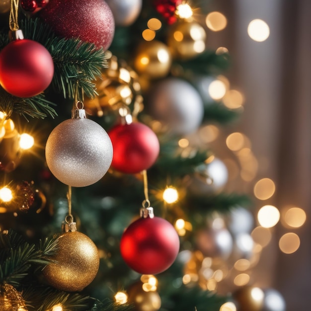 Primer plano de un árbol de Navidad con adornos rojos y dorados contra un fondo de luces desenfocadas