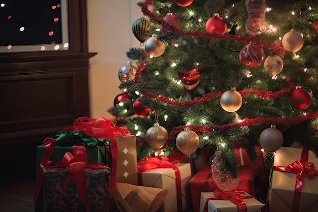 Primer plano de un árbol de Navidad bellamente decorado con regalos debajo