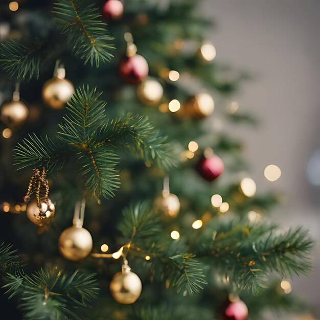 un primer plano de un árbol de Navidad con una bola roja y adornos de oro